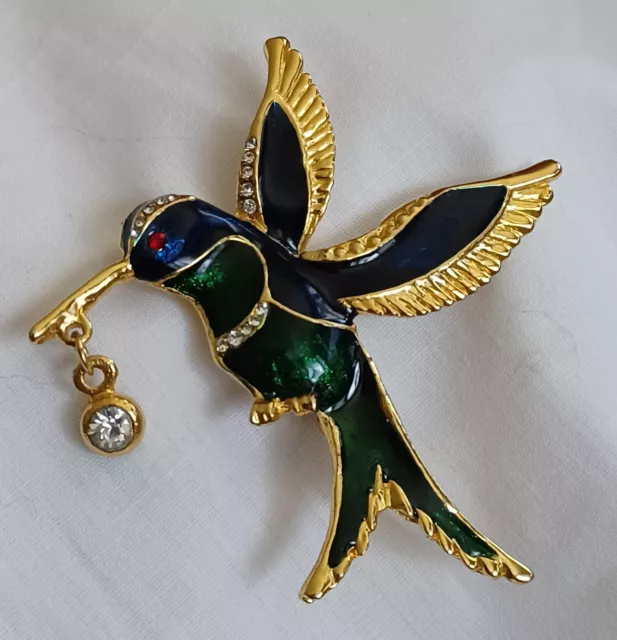 Vintage Enamel & Rhinestone Blue Green Goldtone Hummingbird Pin Brooch