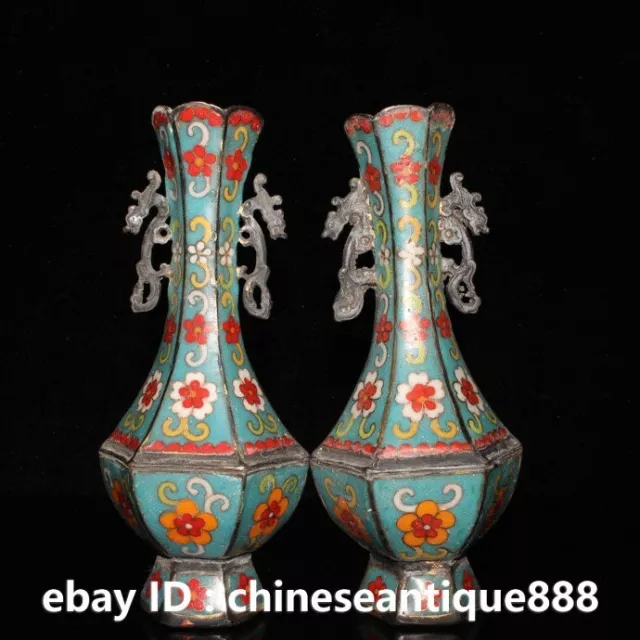 8.2'' a Pair Old Chinese copper Cloisonne Enamel flower Handmade Hexagonal vase