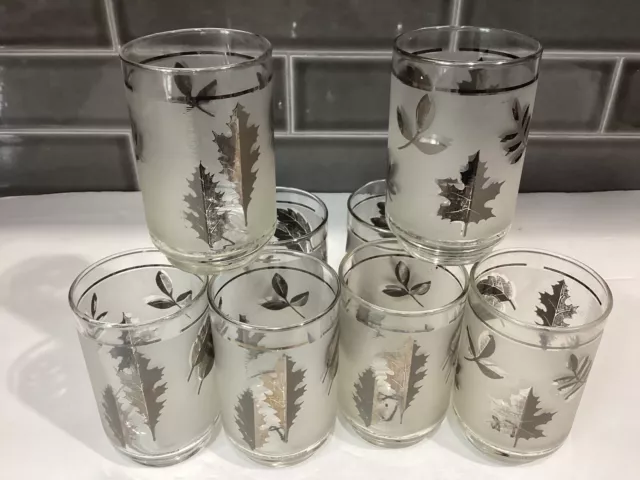 Set Of 8 Libby Flat Bottom Silver Leaf  Frosted 10 Oz Glasses Pre-Owned