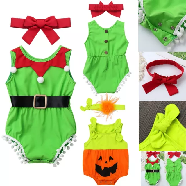Infant Baby Girls Romper Christmas Bodysuit Playsuit Clothes 2Pcs Outfit Costume