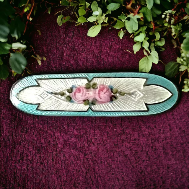 Eye-Catching Guilloche: Art Deco Aqua Rose Enamel Floral Pin w/ C Clasp