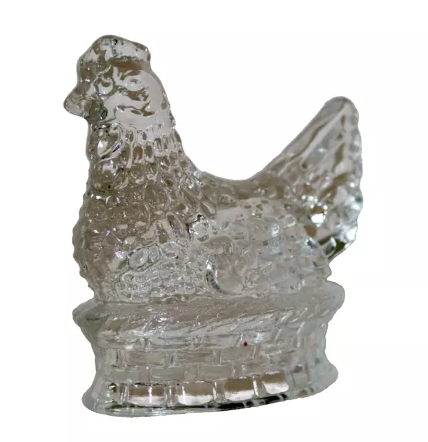 J H Millstein Clear Glass Hen On Nest Hollow Candy Holder ~ 4 3/8” Tall 1940’s