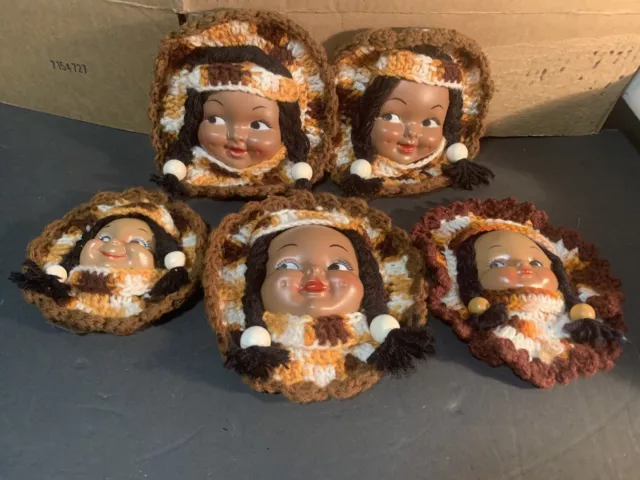 SET OF 5 Vintage HAND KNITTED INDIAN DOLL FACE DOILY  DOLIES w/ MAGNETS  3 var.