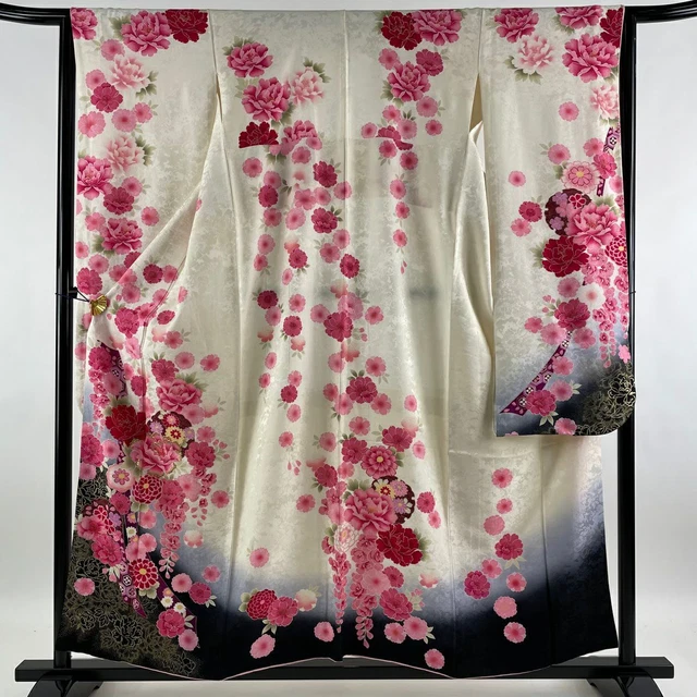 Japanese Silk Furisode Kimono M Size Cream White Black Red Flower EX Cond