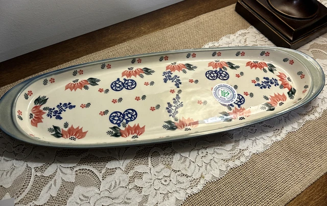 Boleslawiec Hand Made Polish Pottery Platter / Tray Wiza Poinsettia And Ornament