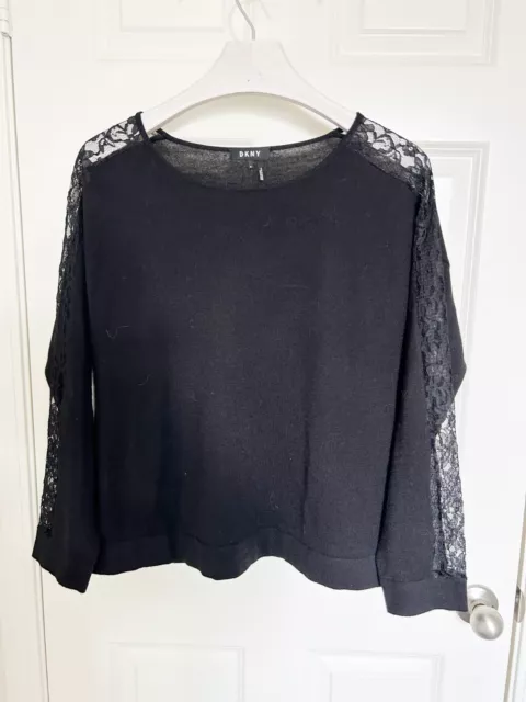 DKNY Women's Black Long Sleeve Lace Short Top Blouse Size XL