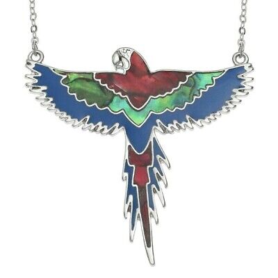 Red Flying Macaw Parrot Silver Necklace Pendant Paua Abalone Shell - Gift Boxed