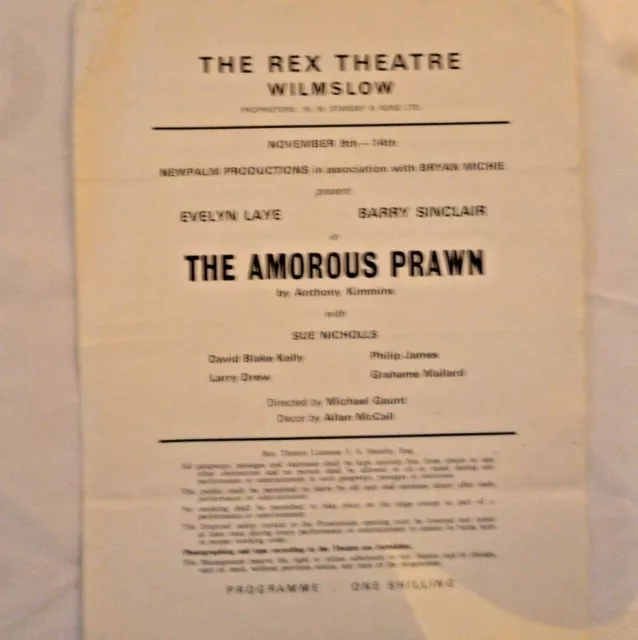 THE AMOROUS PRAWN THEATRE PROGRAMME AT THE REX THEATRE WILMSLOW  1960/70's