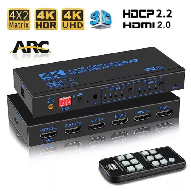 4X2 HDMI Matrix Switch Splitter 4K 60Hz with Toslink Spdif Audio out 4 in 2 out