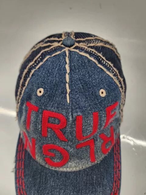 True Religion Distressed Embroidered Trucker Baseball Hat with Leather Strap