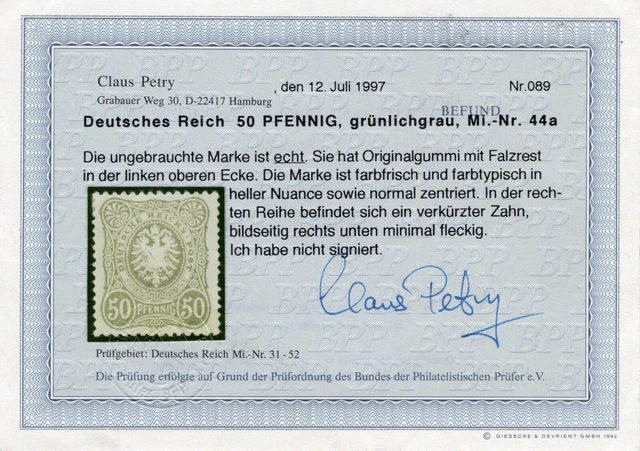 Deutsches Reich DR Mi.44a ungebraucht geprüft Befund Petry BPP ex 39-44 PFENNIG 2
