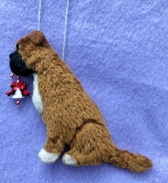 BOXER DOG with CHRISTMAS CANDY CANE / BELL  - PART NEEDLE FELTED DECORATION
