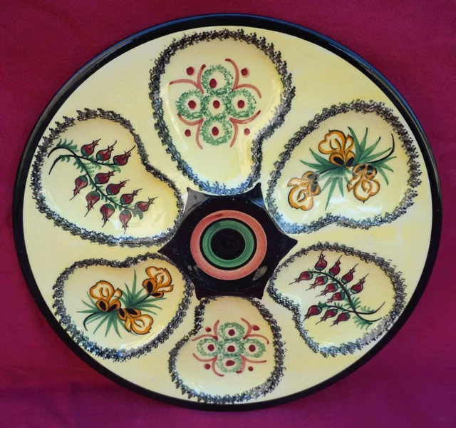 HENRIOT QUIMPER Oyster Plate Henriot Heath Flowers Hand Painted Faience B