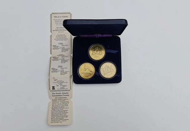 3 Boxed South Atlantic Coronation Crowns 25th Anniversary 1978 Pobjoy