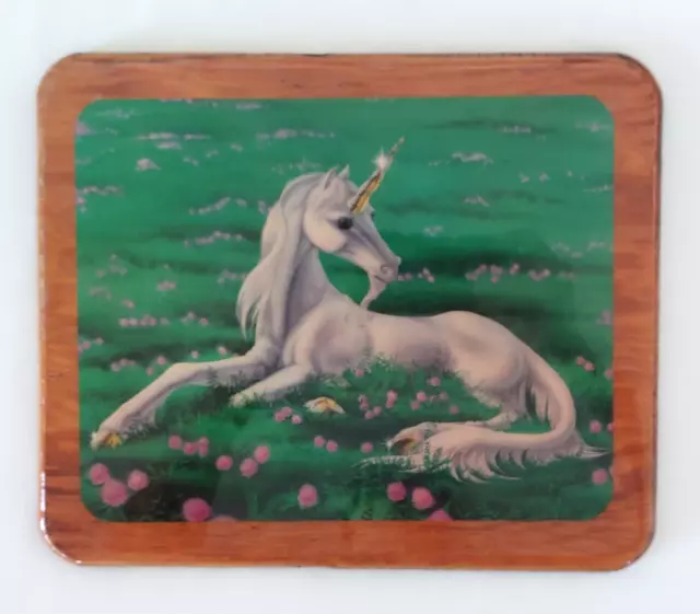 Vtg 80s SUE DAWE Lacquered UNICORN in Meadow Pic Wall Hanging WOOD 9.5x11.5