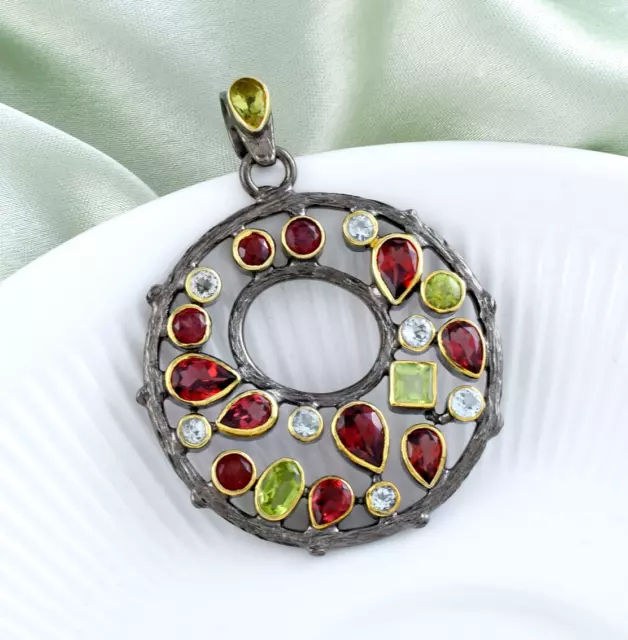 Natural Garnet Peridot Blue Topaz 925 Silver Black Rhodium Gold Plated Pendant