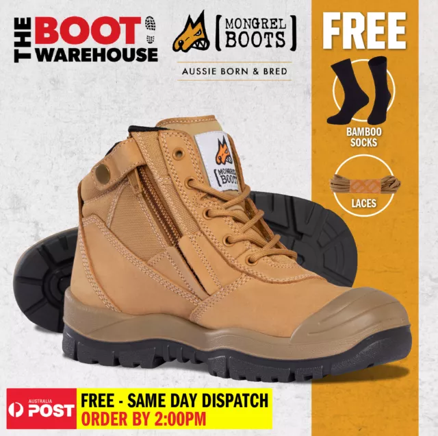 Mongrel 461050 Work Boots. Steel Toe Safety. Zip-Sider, Scuff Cap, PRESS STUD!