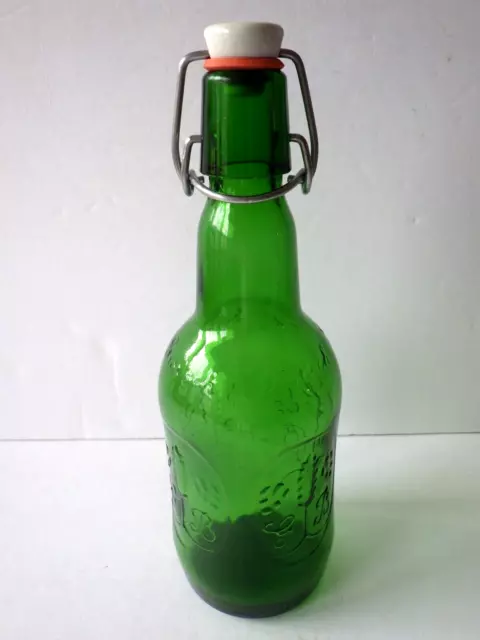 Vintage Grolsch Embossed Green Glass Beer Bottle 9" Porcelain Swing Top Empty