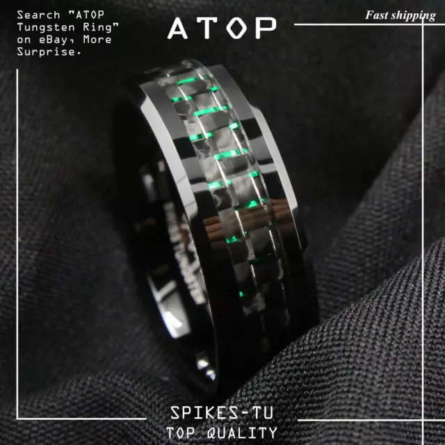 Men's jewelry 8Mm Tungsten Ring with  Black and Green Carbon Fiber Wedding Band