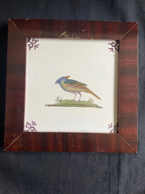Antique Framed Dutch Delft Tile Polychrome bird. 17th century . Rare !
