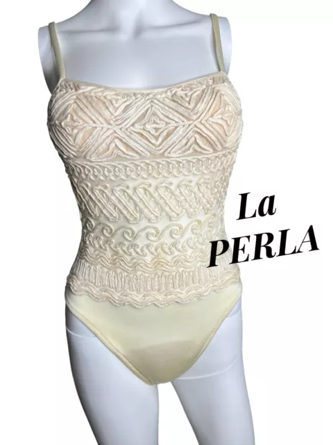La Perla Luxury Swimsuit in off-white with ivory embroidery Size EU 44 US 8