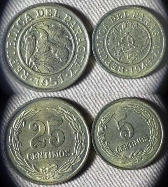 Paraguay : Lot 2 Coins 5 Ct 1947HF BU ; 25 Ct 1951HF Gem BU #21#23 IR1465