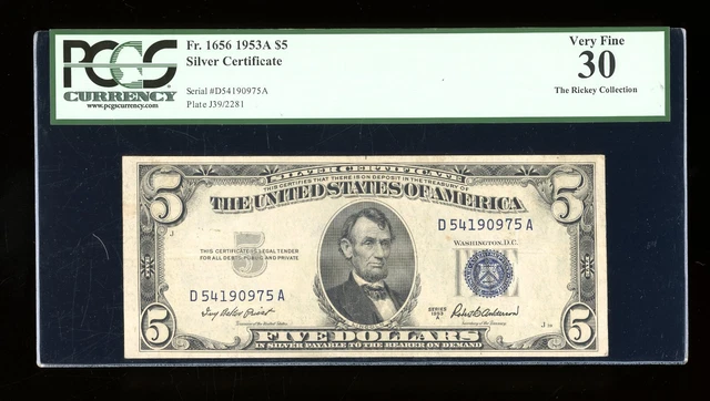 DBR 1953-A $5 Silver Fr. 1656 DA Block PCGS 30 Serial D54190975A