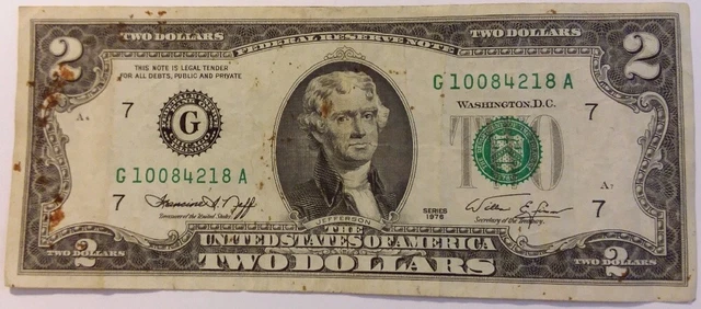 1976 Two Dollar Bill Federal Reserve Note, G10084218A,  Commemorative Issue