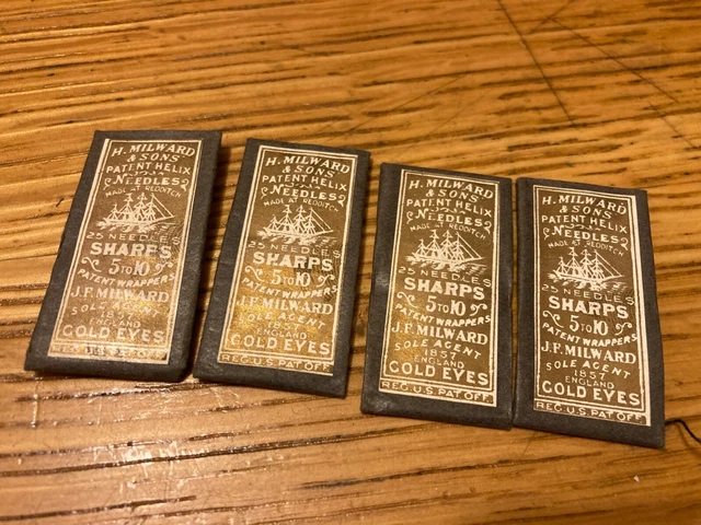 VTG (4)  Antique Packages H Milward Sharps 5 to 10 Gold Eye Sewing Needles NOS