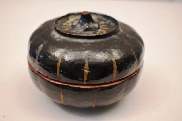 Vintage Burmese Lacquerware Pumpkin Box Black Hand Painted Myanmar Storage Rar"2