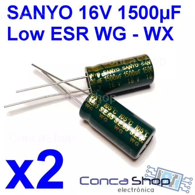 2 x CONDENSADOR ELECTROLITICO SANYO 16V 1500uF 105º serie WG WX BAJA IMPEDANCIA