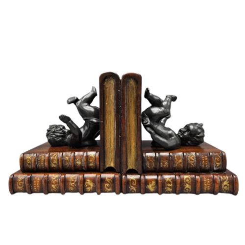 Pair of Theodore Alexander Bronze Children Bookends on Faux Leather Books
