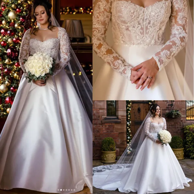 Elegant Plus Size Wedding Dresses Long Sleeves Sweetheart Satin Bridal Gowns