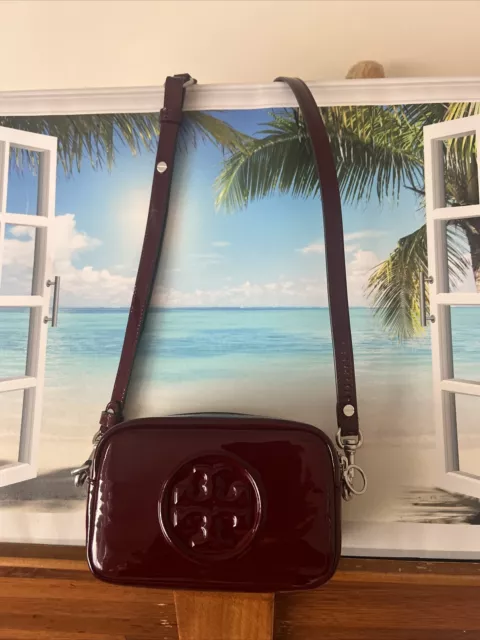 Tory Burch Perry Bombe Mini  Patent Leather Crossbody Bag.Royal Burgundy.