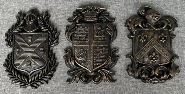 Vintage Burwood Coat Of Arms Wall Plaque Lot Of 3 Black Gold