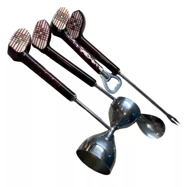 Vintage golf clubs bar set jigger pickle fork stirring spoon bottle opener 4 pcs