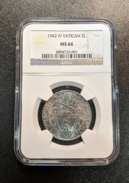 1942 IV MS66 Vatican 2 Lire NGC UNC KM 36 Pope Pius XII