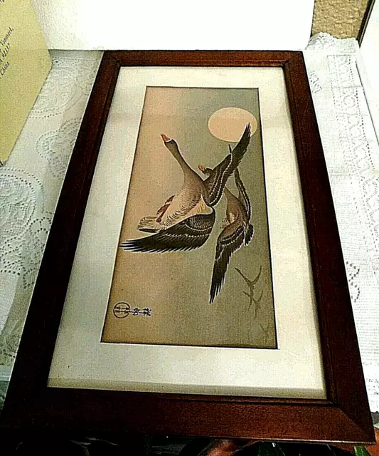Japanese Ink Painting of Geese n Flight Antique Early 19TH Century Framed Signed
