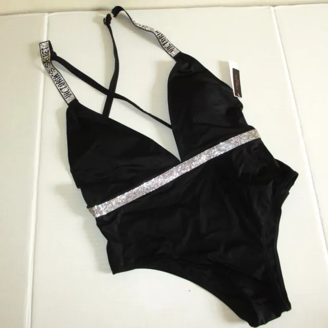 VICTORIA'S SECRET Shine Strap Plunge One-Piece Swimsuit M Rhinestone Black $99