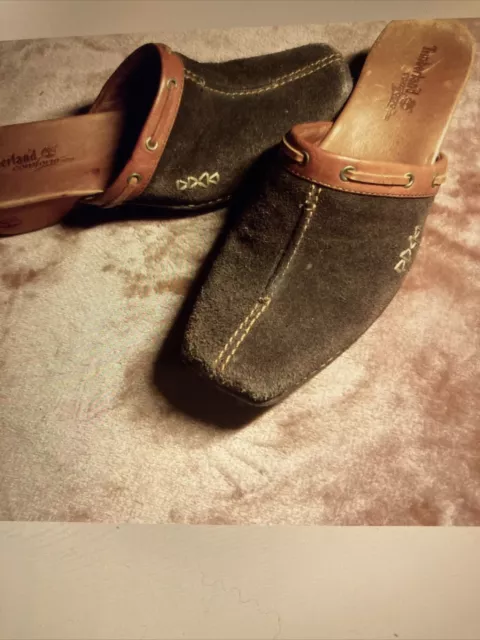 Timberland Clogs Shoes Womans 7.5M Brown Suede Leather Wood Comfort Fit Boots