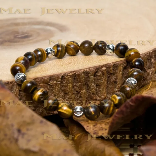8mm Beautiful Tiger Eye Round Stone Beads Fashion s925 Sterling Silver Bracelet.