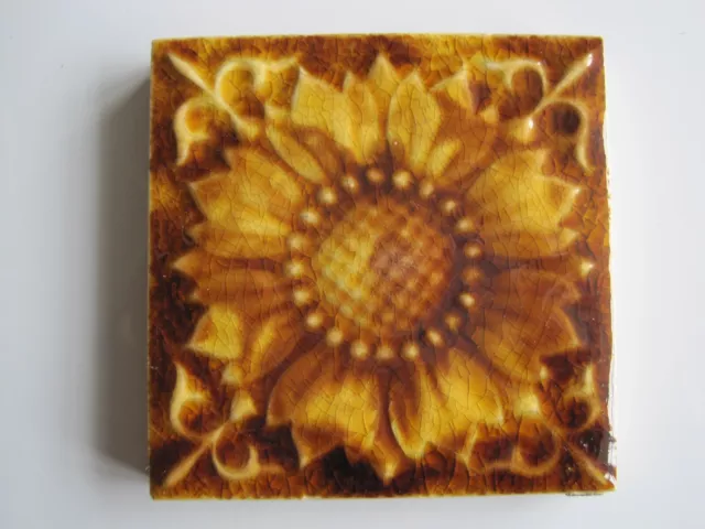 Antique Victorian 3" Moulded & Majolica Glazed Floral Tile - Sherwin & Cotton?