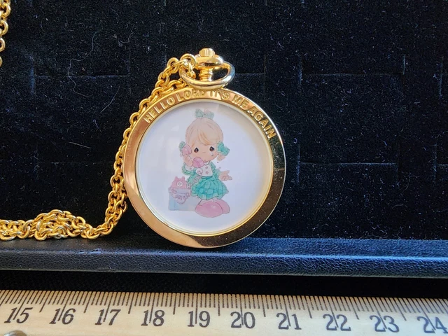 Vintage Precious Moments Ladies Necklace Pendant Watch Runs Works Hello Lord 1998 Avon Precious Moments Pocket Watch Pendant & Necklace W  main image 4