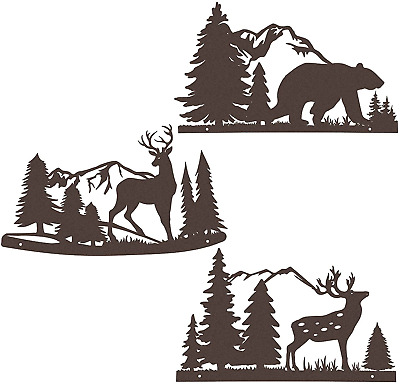 Metal Wall Art Decor Deer Bear Moose in the Forest Pine Tree 9.8 Inches Set of 3