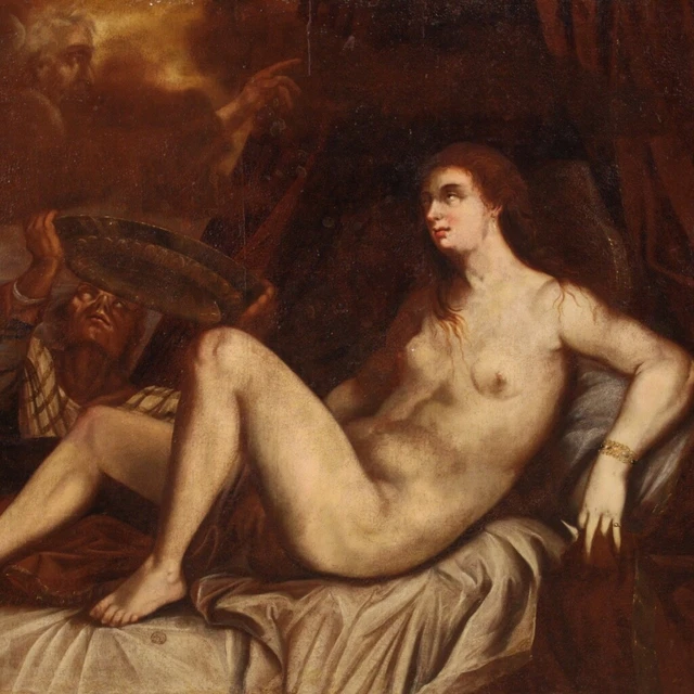 Pintura antigua mujer desnudo Danae Lluvia de oro cuadro oleo del siglo XVIII