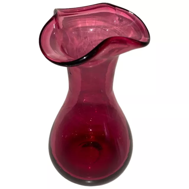 Vintage Cranberry Red Blown Art Glass Vase Ruffled Rim 6 inch tall