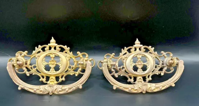 Qty 2 Antique Cast Brass Victorian Drop Bail Drawer Pulls w/Hardware 3" Centers