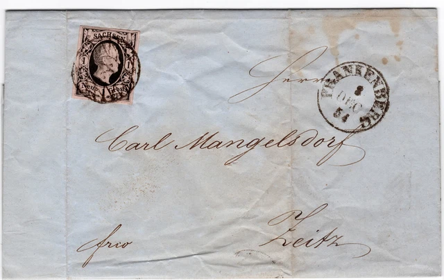 Altdeutschland Sachsen Mi.Nr. 4 EF auf Brief Frankenberg - Zeitz 1854