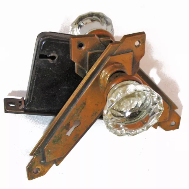Two Antique and Pristine Clear Glass Door Knobs with Back Plates and Mortise,