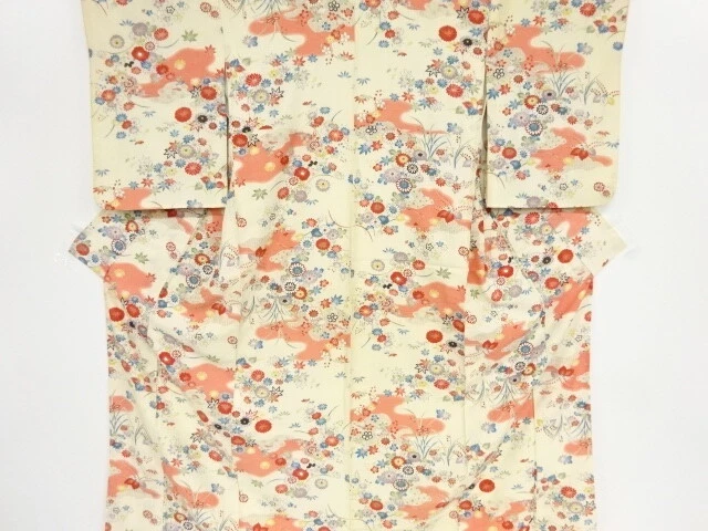 44844# Japanese Kimono / Antique Kimono / Haze With Floral Plants